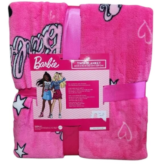 Barbie Hot Pink Plush Blanket with Hearts and Stars - Picture 1 of 3